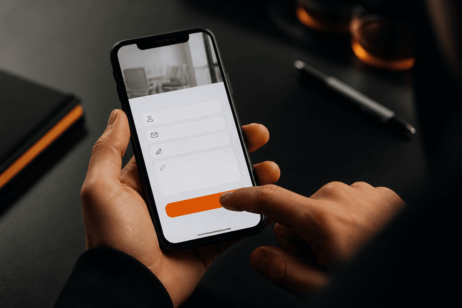 Pessoa preenchendo um formulário de contato em um site pelo smartphone.