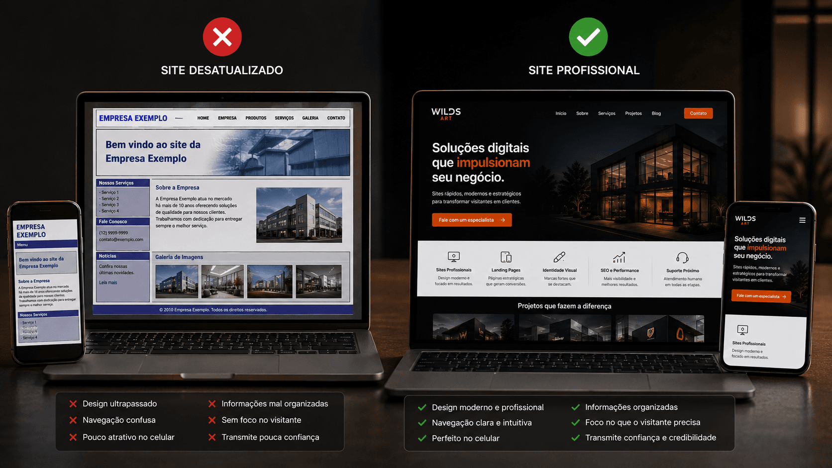 Comparação entre um site desatualizado e um site profissional moderno e organizado.